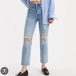 Levi's Button Fly Wedgie Straight Leg Jeans Distressed with Raw Hem 28